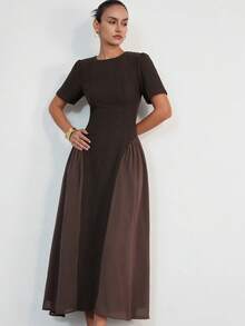 Aveloria Modichic Coffee Brown Summer Elegant Dining Midi Dress,Herringbone Patchwork Chiffon Round Neck Short Sleeve A-Line Waist Pleated Minimalist Vintage Commuting - Coffee - View 6