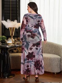Modelyn Vestido de moda de manga larga con hombros descubiertos, estampado floral de malla, suave y cómodo, efecto degradado, panelado, cintura fruncida para mujer de talla grande - Multicolor - Ver 2