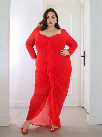 Pretty and Ole Vestido elegante de manga larga con cuello de corazón, volantes y empalmes de unicolor para mujer de talla grande, vestido largo con volantes de malla roja recogida, un vestido adecuado para viajes diarios, citas dulces y vacaciones