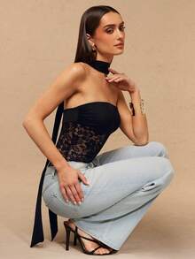 Silquee A Sexy Black Lace-Trimmed, Backless, Flowy-Neck, Partially Sheer Bodysuit, Suitable For Nightclub Parties, Everyday Wear, Holidays, Vacations, And Other Occasions. - Black - View 6