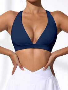 Slayform Slayform Sujetador deportivo minimalista de unicolor y cuello en V - Azul Marino - Ver 4