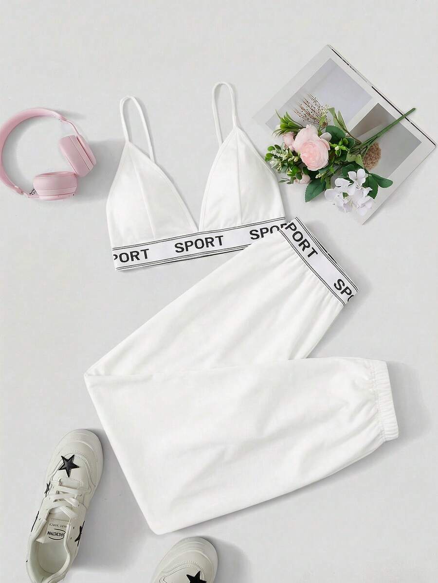 SHEIN EZwear 白色女士休闲运动针织裤套装,春夏女士夏季套装 白色配套两件套 女士运动套装 白色套装 女士夏季套装 棉质套装 女士两件套 女士夏季套装 女士夏季套装 - 白色 - 查看 1