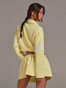Athîral Áo sweatshirt nữ tay dài cổ bẻ dáng ngắn màu vàng, kiểu dáng thường ngày. - Vàng nhạt - Xem 2