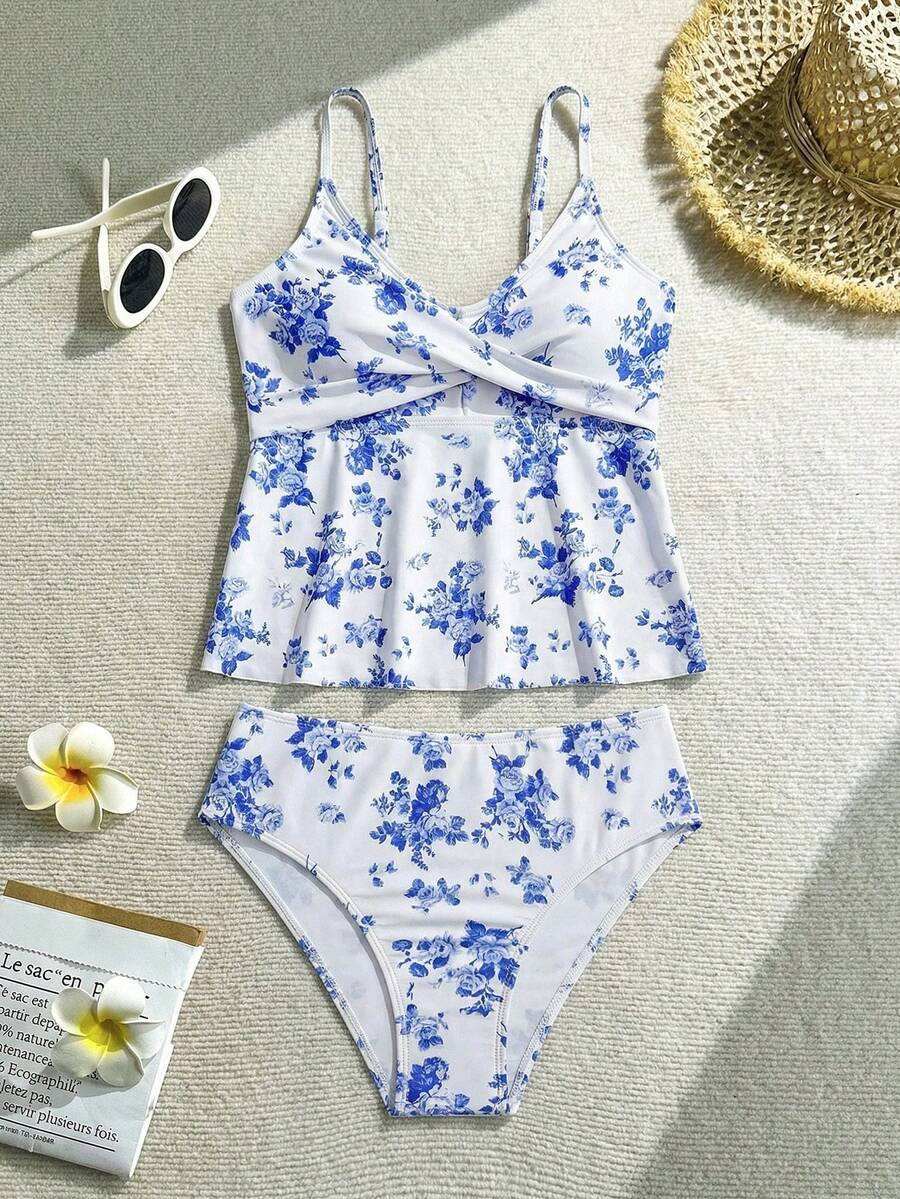 SHEIN Bộ đồ bơi tankini họa tiết hoa dành cho thiếu nữ, kiểu đan chéo. - Màu xanh lam - Xem 1