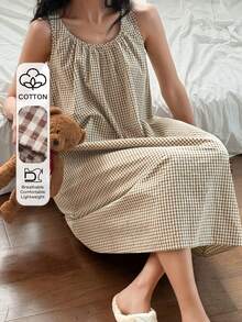 DAZY Plaid Pleated Sleeveless A-Line Dress, Women Loungewear - Brown - View 3