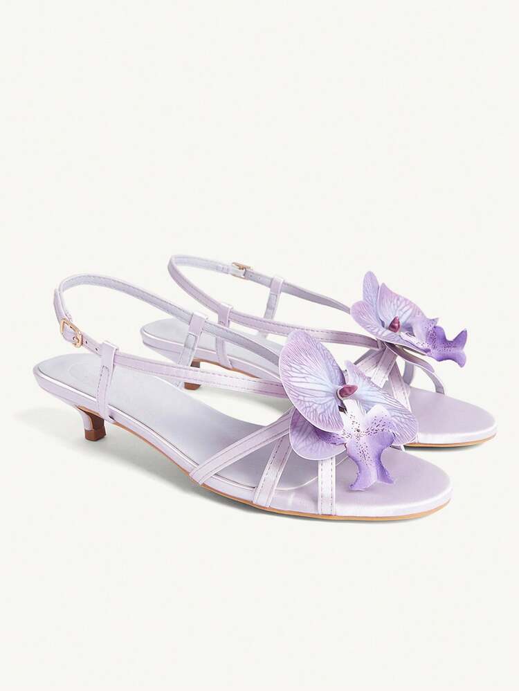 CUCCOO CHICEST Women's Purple Satin Floral Decor Strap Elegant Fashion Kitten Heel Sandals Summer Shoes Wedding Shoes Bride Shoes