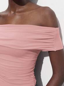 Maija Off-The-Shoulder Ruched Pink Bodysuit, Fitted Silhouette, Versatile For Parties And Events, Spring/Summer  St Patrick's Day Women Easter Summer Outfits Easter Dress Women Party Top Beach Dress Summer Holiday Outfits Each Vacation Outfits For Women  Summer Outfit For Women Going Out Outfits Graduation Graduation Outfit  Casual Dresses  Casual Blouses For Women Off Shoulder Swimsuit Bathing Suits For Women Pink Pink Swimsuit Bathingsuits - Pink - View 4