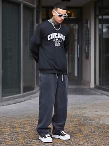 Devon Thys 男士复古美式圆领卫衣，芝加哥字母印花，休闲街头风，秋冬款，长袖上衣 - 黑色 - 查看 5