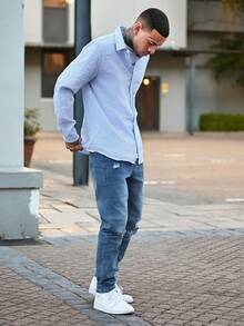 Devon Thys 男式紧身破洞牛仔裤，弹力休闲修身裤 - 藍色 - 查看 4