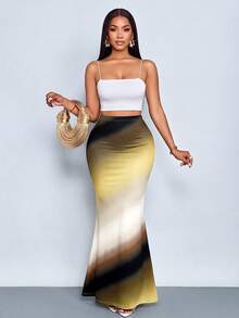 SOLERSUN Spring/Summer Women's Wear: Elegant And Stylish, Perfect For Beach Vacations And Casual Days. Features A Yellow-Brown Gradient Knit Stretch Fabric And A Fishtail Skirt. - Yellow - View 1