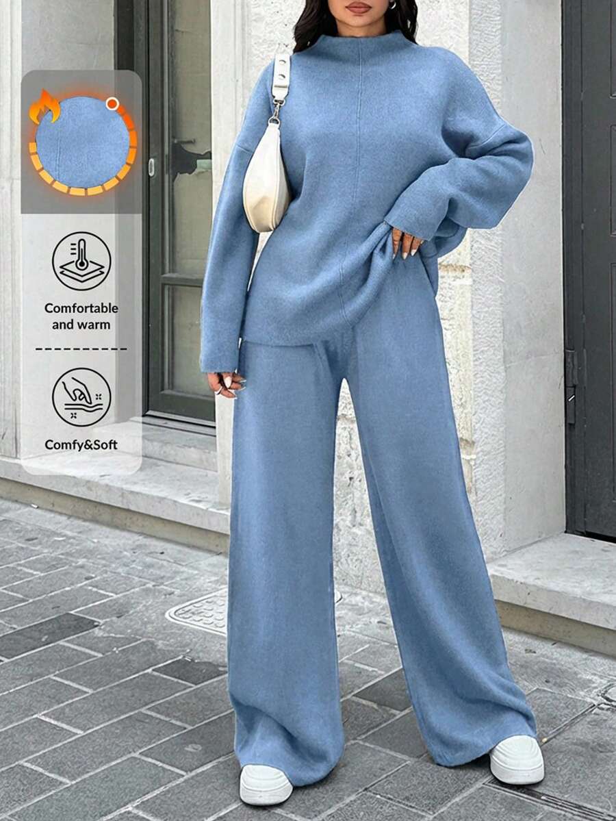 SHEIN Tall Drop Shoulder Sweater & Knit Pants For Autumn & Winter - Baby Blue - View 1