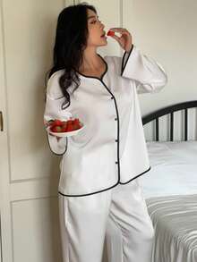 Dazy Plus Plus Size Comfortable Contrast Trim Front Button Long Sleeve Top And Pants Pajama Set, Autumn - Apricot - View 4