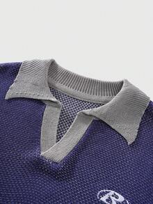 ROMWE MEN Prep 男士休闲短袖套头针织衫 - 藍色 - 查看 3