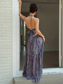 Sunnyshic Đầm cổ yếm khoét rỗng in họa tiết hạt điều dành cho nữ, thích hợp cho kỳ nghỉ. - Xanh đậm - Xem 2