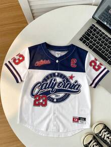 Young Boy Letter & Number Print Casual Round Neck Woven Shirt - Multicolor - View 4