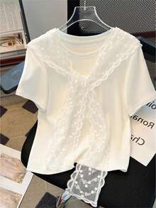 GlowEve 白色法式圆领短袖蕾丝披肩女式T恤 - 白色 - 查看 1