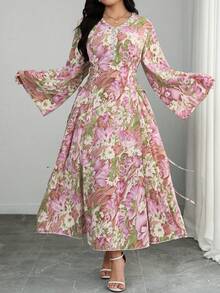 Modelyn Gaun Maxi Bergaya Abaya Motif Bunga Merah Muda yang Sopan, Motif Bunga Besar di Seluruh Permukaan, Gaya Romantis Boho Chic Musim Panas yang Elegan untuk Acara Siang Hari bagi Wanita - Berwarna merah muda - View 1