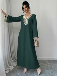 Al Najma 女士圆领贴花休闲派对外出阿拉伯风格连衣裙 - 綠色 - 查看 6
