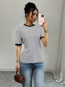 SHEIN Raffinéa Women's Casual Fashion Loose Round Neck Striped T-Shirt, Minimalist Versatile Design, Spring/Summer - Black and White - View 2