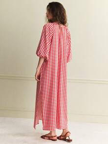 Écloséra 2016新款休闲优雅复古简约宽松红白格纹V领系带袖七分袖连衣裙，女款，春夏款 - 玫瑰紅 - 查看 2