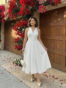 SHEIN MOD Vestido midi blanco de cuello halter talla grande, elegante para la oficina/ir al trabajo, primavera/verano - Blanco - Ver 1
