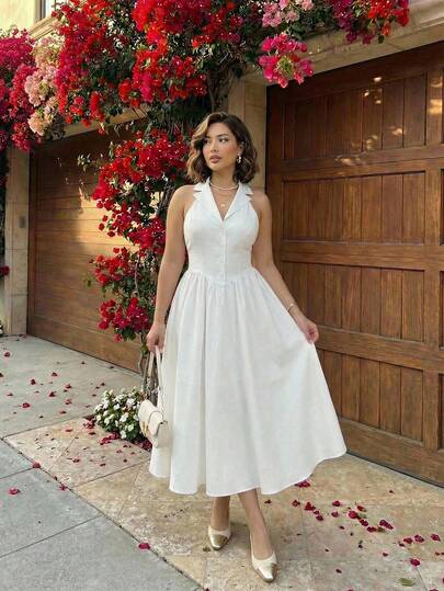 SHEIN MOD Plus Size White Halter Neck Midi Dress, Elegant Office/Commute Wear, Spring/Summer.Plus Size White Halter Dress Retro Style Flared Skirt Button Front Collared Neck Fitted Bodice Sleeveless Design Elegant Look Soft Fabric Flowy Silhouette Vintage Inspired Classic Color Comfortable Wear Midi Length Smooth Texture Waist Emphasis Structured Shape