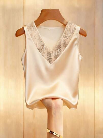 SHEIN Franclia Women's French-Style Elegant Woven Satin Satin Champagne Color Solid Color Patchwork Sequin V-Neck Women's Elegant Vest, Gentle And Elegant, Women's Elegant Vest, Women's Elegant Clothing, Sequin Vest, Sparkly Top, Summer Vest, Summer Top, Summer Outfit, New Summer Women's Vestfashionable Casual Commuter Wear, Business Office Wear, Versatile And Stylish Everyday Casual Wear, Urban Teacher's Professional Attire