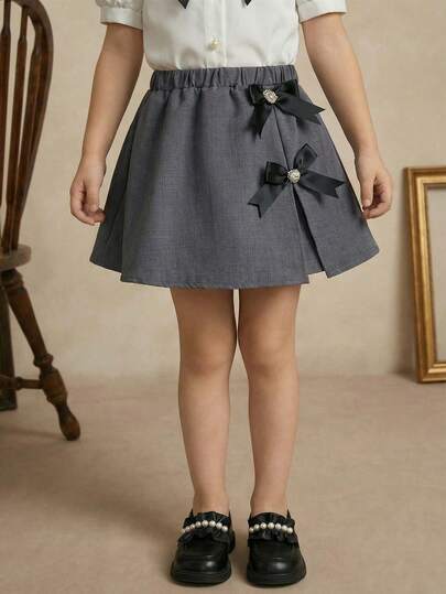 PrepCrw 1pc Young Girls' Elegant Refined Woven Black Bow Decor Mini Skirt, Suitable For Outings, Gatherings, Festivals, Spring, Summer