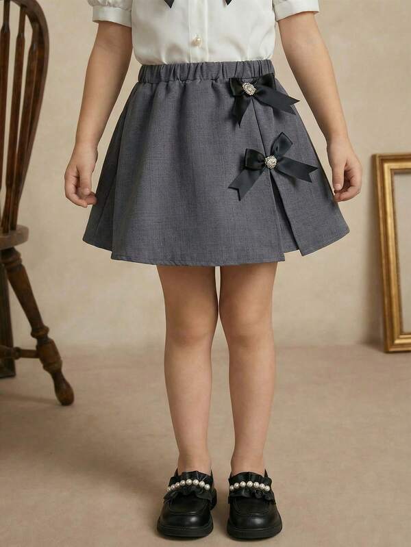 PrepCrw 1pc Young Girls' Elegant Refined Woven Black Bow Decor Mini Skirt, Suitable For Outings, Gatherings, Festivals, Spring, Summer
