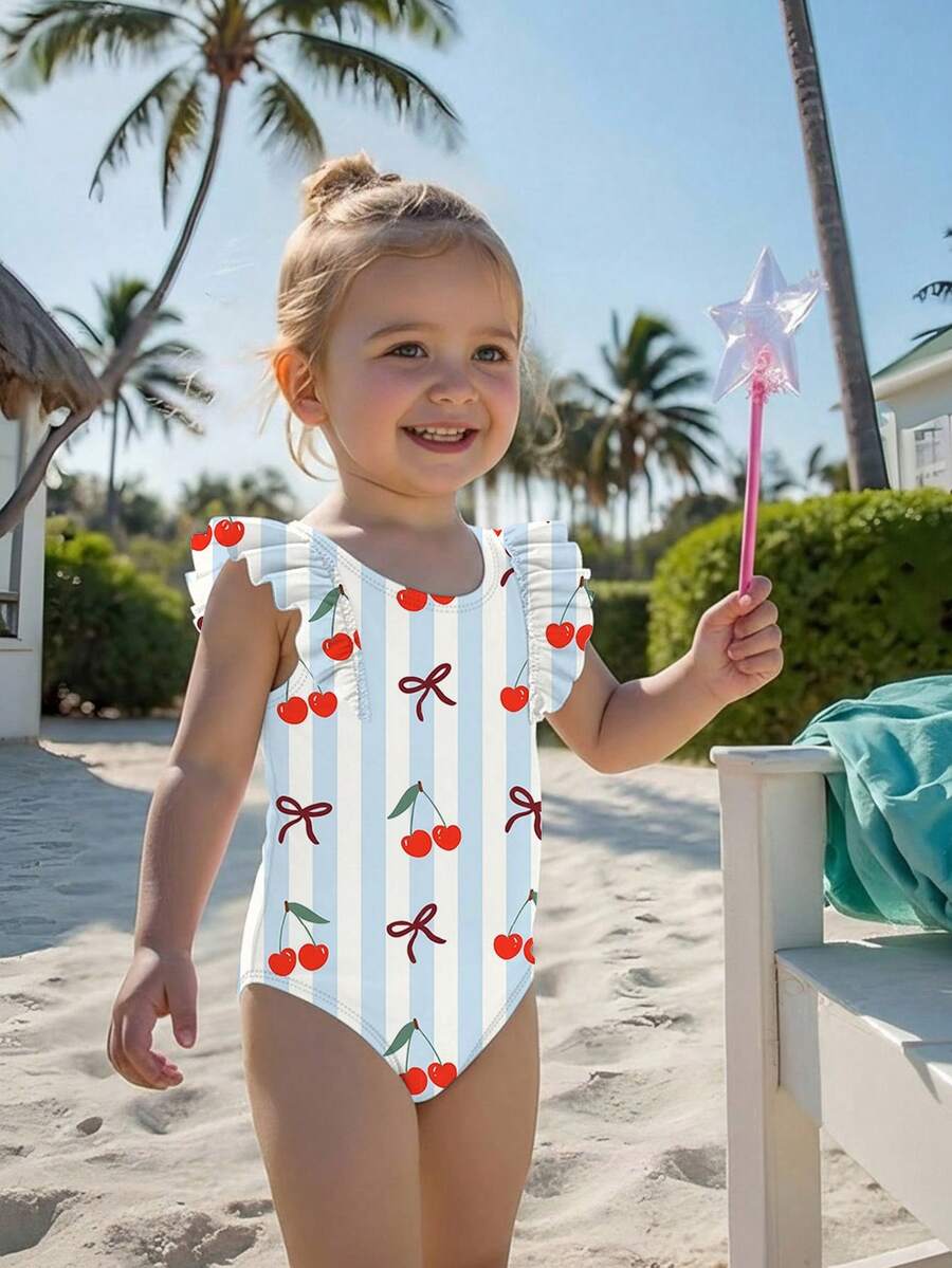 1pc Baby/Toddler Girls' One-Piece Swimsuit With Blue Stripe & Cherry Print, Ruffled Trim, Cute For Beach, Vacation, Pool, Summer, Holiday, Travel Toddler Bathing Suit Full Coverage Toddler Bathing Suits Toddler Beach Wear Toddler Cherry Swimsuit Toddler Girl Swimsuit - Multicolor - View 1