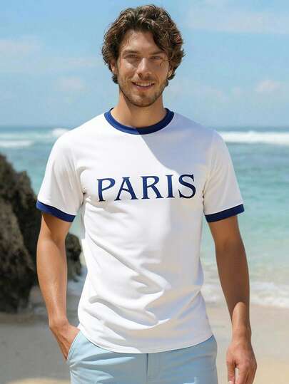 HIMLAND Men's Casual Daily Letter Print Contrast Color Short Sleeve T-Shirt Men's Casual Everyday World Cup Colorblock Print T-Shirt USA-Canadian Cup Summer Wear Western Festival Old Money Out Pattern, For Vacation, Beach For Husband Boyfriend Gift Simple Fashion Commuting