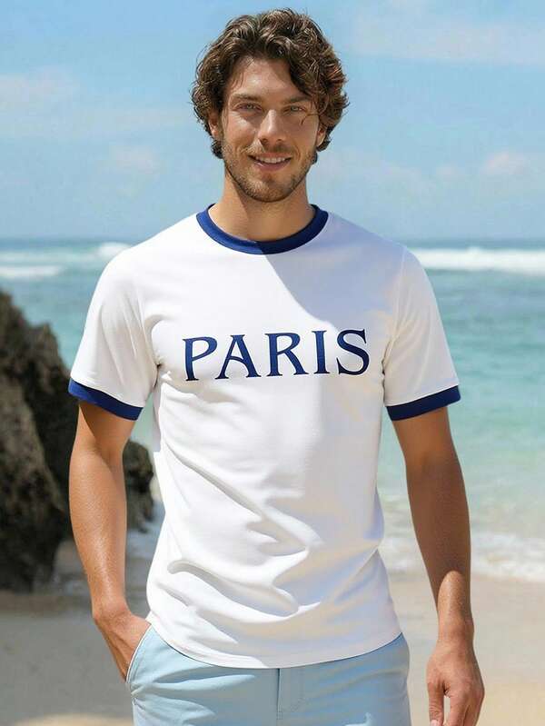 HIMLAND Tricou bărbătesc casual cu mânecă scurtă, cu imprimeu de zi cu zi, în culori contrastante