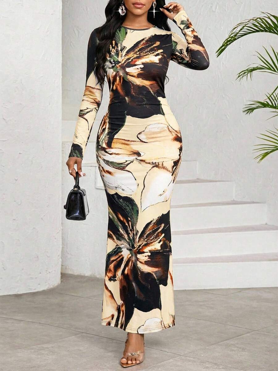 SHEIN Lady 大尺碼女款優雅米色秋季長洋裝，復古碎花圓領長袖修身長裙，休閒波希米亞風聖誕派對穿搭 - 彩色 - 查看 1