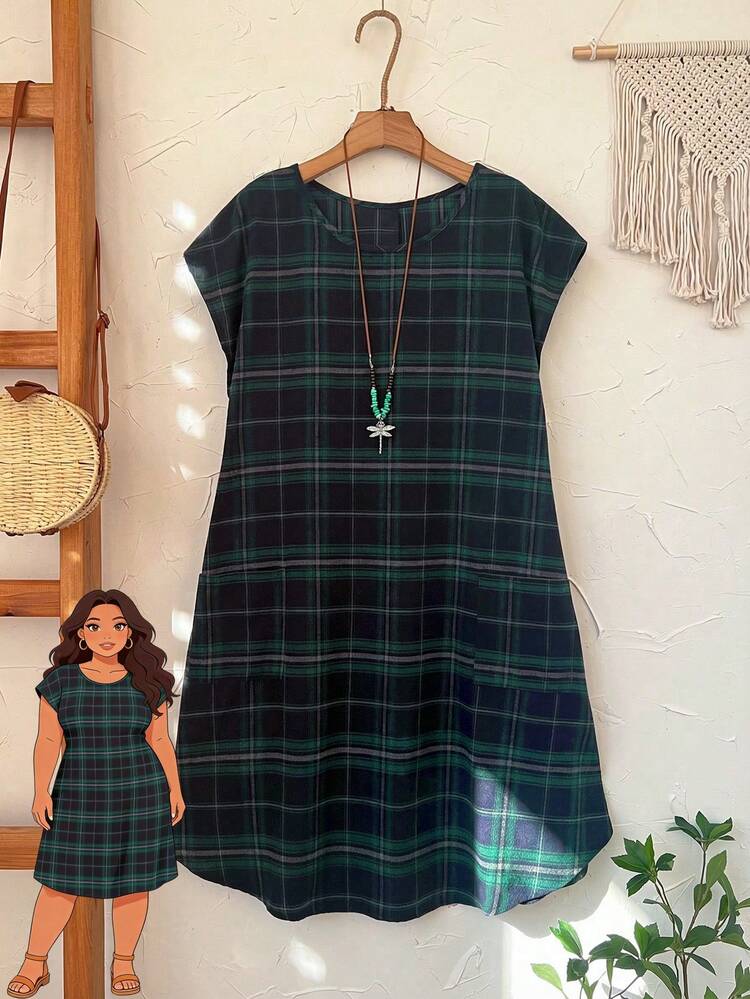 Plus Size Women Plaid Round Neck Batwing Sleeve Loose Casual Dress For Summer/ Vacation Plaid Dress Women Dark Green Women Dress  Summer Dress  Summer Outfits Summer Clothes Spring Dress Spring Outfit Women Spring Clothing Country Style For Women Country Dress For Women