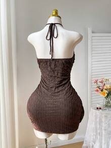 Comfortcana Plus Size Pleated Knit Jacquard Textured Backless Cami Dress, Casual Vacation Wear, Spring/Summer - Brown - View 2