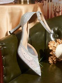 CUCCOO TILAWA Elegant Women's Pointed Toe Hollow Out High Heel Shoes - Fashionable Sexy Rhinestone Mesh Breathable Elegant Versatile Women's High Heel Pumps - Suitable For Weddings, Galas, Parties And Dances - Silver - View 3