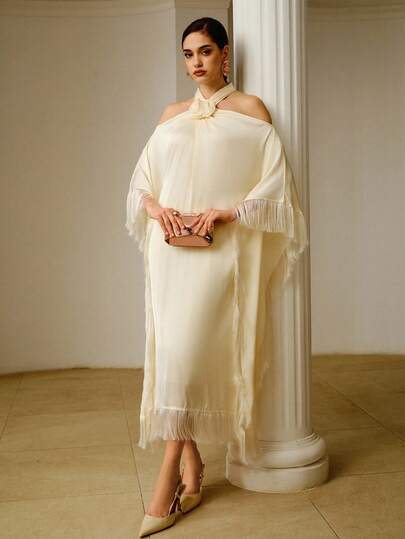 ZEYLAH 女式长款花卉装饰 3D 花卉领流苏下摆连衣裙