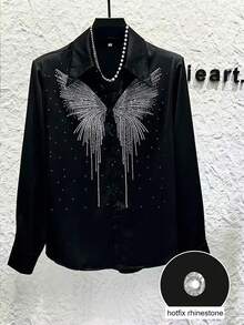 Franclia Exquisite High-End Rhinestone Embellished Butterfly Women's Blouse - Black - View 3