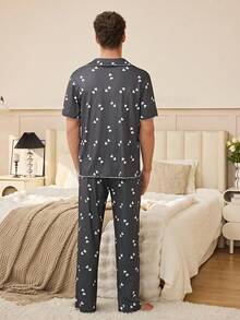 SHEIN Striped Heart Print Button Up Cardigan Casual Loungewear Pajama Set For Men - Black - View 4