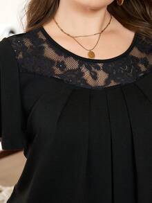 Lacomfia Women's Lace Patchwork Ruffle Sleeve Versatile Comfortable Plus Size T-Shirt - Black - View 3