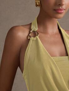 L'Amorae 女士夏季不对称圆环装饰露背垂褶领上衣 - 黃色 - 查看 2