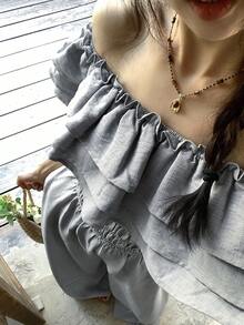 Livesso 女士时尚露肩荷叶边阔腿连体裤 - 灰色 - 查看 4