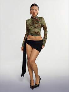 SHEIN ICON 复古网纱植绒透视露肩喇叭袖女式上衣 - 墨綠色 - 查看 6