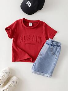 SHEIN 2pcs Baby Boy Summer Casual Letter Print T-Shirt And Light Blue   Shorts Set - Red - View 4