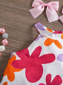 SHEIN LMoss Kids 女婴无袖碎花休闲夏季前长后短背心套装 - 白色 - 查看 5