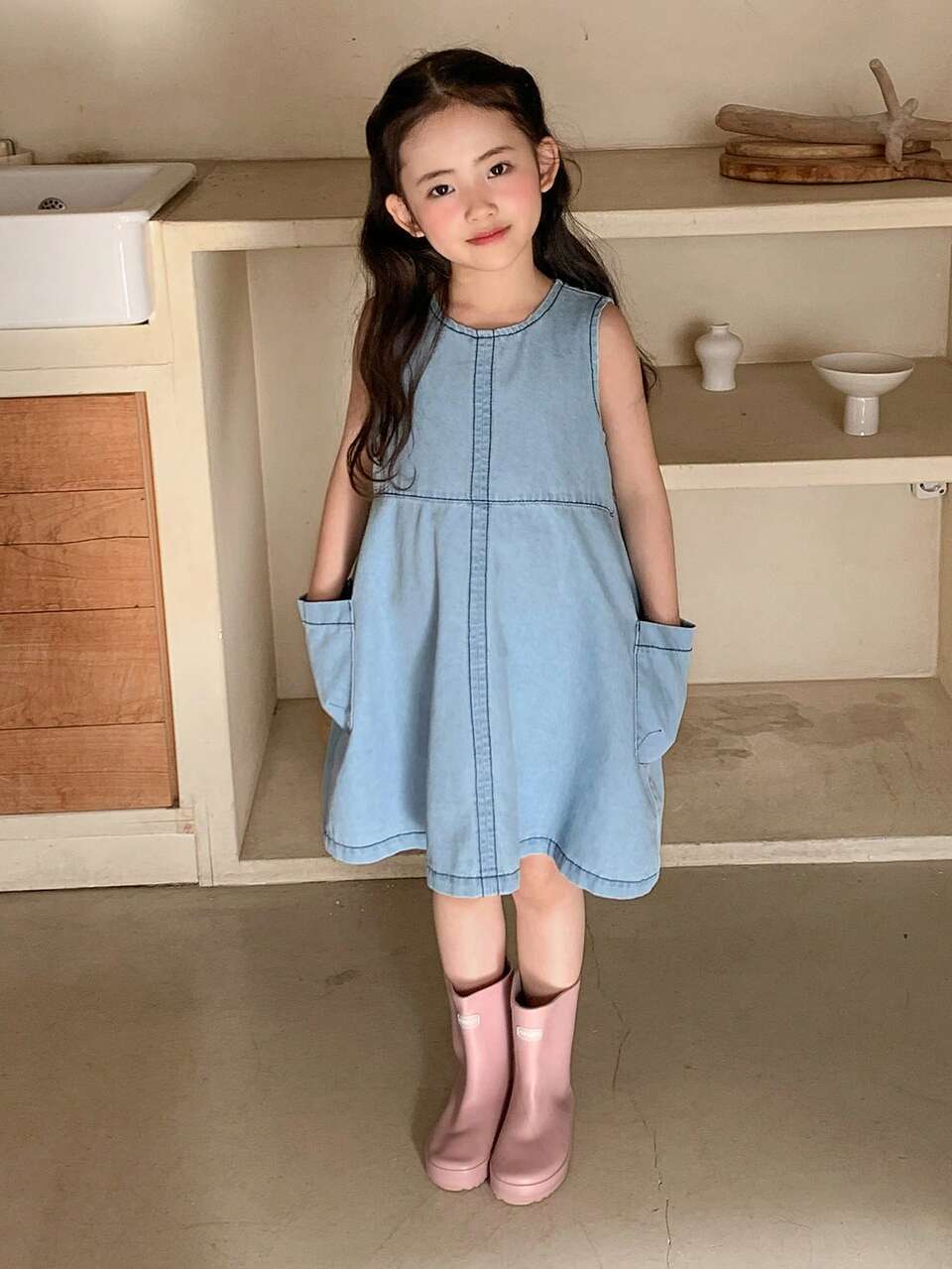 Young Girls Fashionable Denim Jumper Dress, Summer Sun Dresses