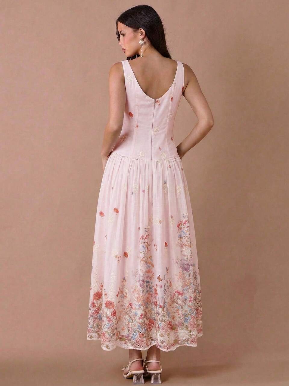 Enchnt Women's Pink Floral Print Embroidered Single-Breasted Sleeveless Long Dress,Summer Elegant Tea Party, Holiday Picnic Vacation Outfit