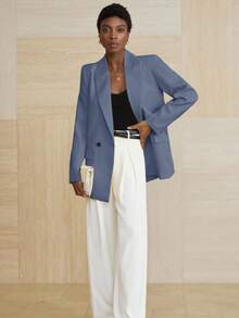 Aveloria Modichic Women's Business Style Solid Color Double-Breasted Blazer Jacket For Commuting, Autumn  - Blue - View 5