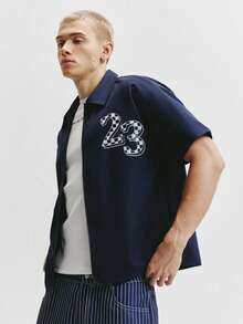 TOKVUE Men's Casual Fashionable Street Chic Daily Commute Checkerboard Numeric Print Contrast Binding Short Sleeve Zip-Up Jacket, Summer - Navy Blue - View 3