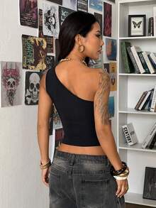 StreetHx 女士黑色水钻装饰单肩上衣 - 黑色 - 查看 3